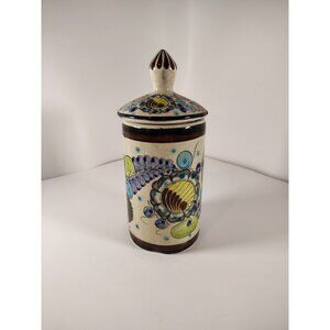 Tonala Mexican Pottery Canister Jar Lidded Hand Painted Floral Bird Signed RAT